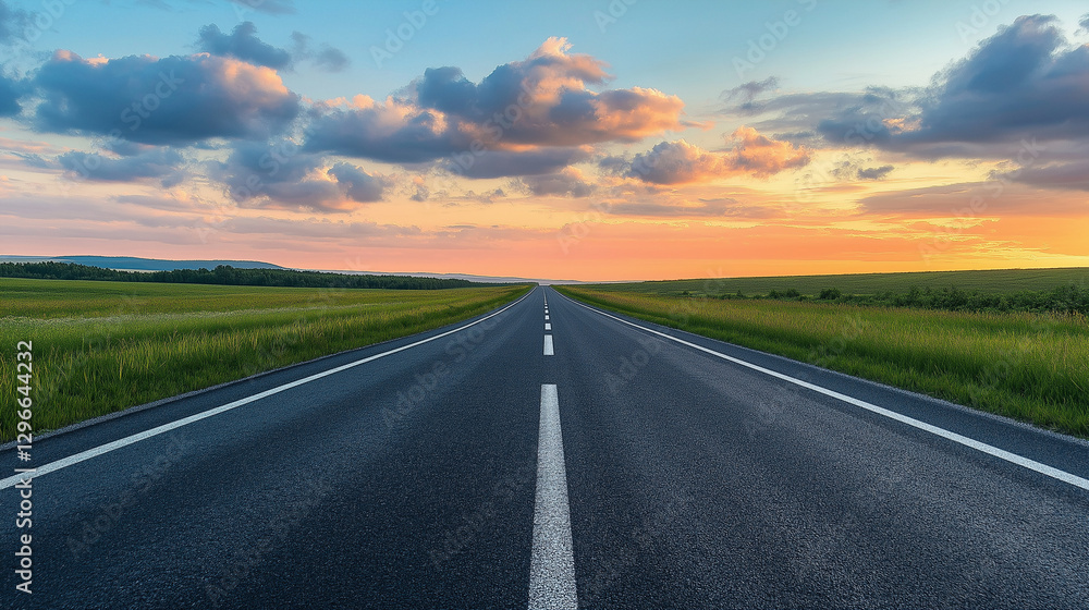 Serene Open Road at Sunrise: Empty Road Extending into the Horizon Serene Open Road at Sunrise: Empty Road Extending into the Horizon