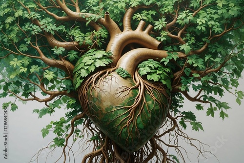 Human Heart Crafted from Intertwining Trees, Roots, and Lush Foliage in Stunning. photo