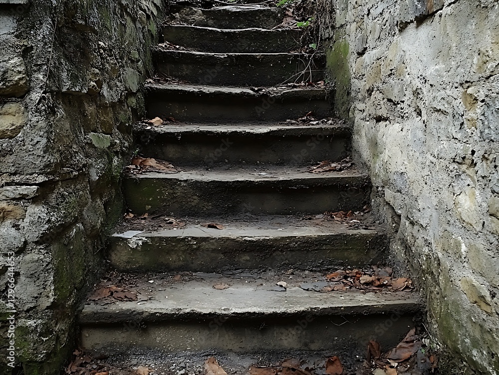 Old stone stairs, autumn leaves, mossy walls Old stone stairs, autumn leaves, mossy walls