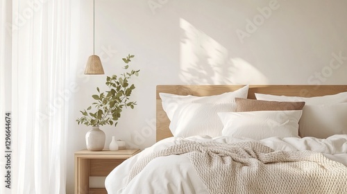 Minimalist Scandinavian bedroom with soft white and pale oak tones, featuring crisp linen bedding, cozy knit throw, and simple wooden bedside table, bathed in natural light.