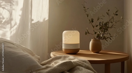 Minimalist Scandinavian bedroom with soft white and pale oak tones, featuring crisp linen bedding, cozy knit throw, and simple wooden bedside table, bathed in natural light.