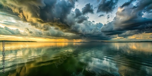 Stormy sky with dark grey and greenish clouds reflecting on the calm water surface of a lake or ocean at sunset