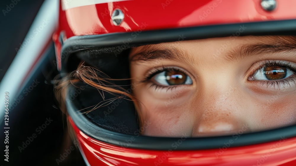 A young girl sits in a race car, wearing a striking red helmet. Her determined eyes shine with excitement and focus, ready for the challenges of the track ahead A young girl sits in a race car, wearing a striking red helmet. Her determined eyes shine with excitement and focus, ready for the challenges of the track ahead