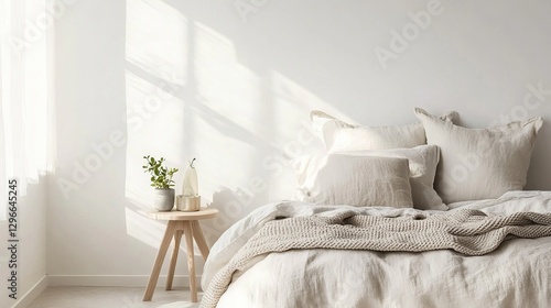 Minimalist Scandinavian bedroom with soft white and pale oak tones, featuring crisp linen bedding, cozy knit throw, and simple wooden bedside table, bathed in natural light.