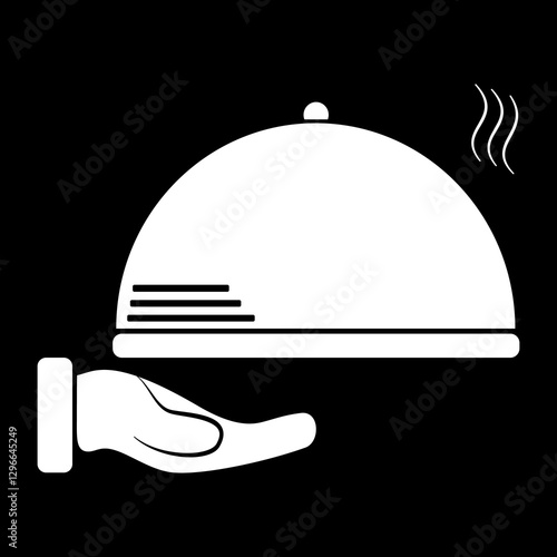 Waiter hands with cloche. Serving food icon design isolated on black background.