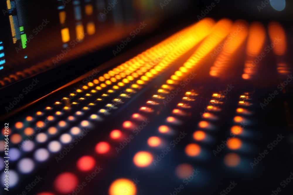 Electronic music production panel with glowing orange buttons Electronic music production panel with glowing orange buttons