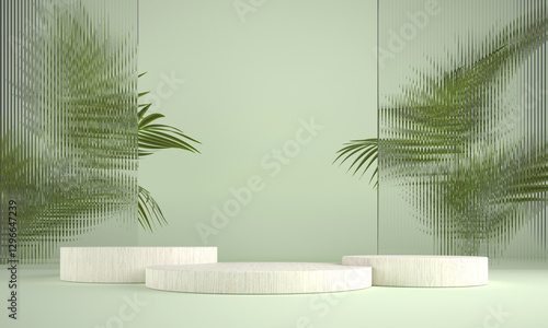 Fototapeta Naklejka Na Ścianę i Meble -  White wooden podium showing wood grain for displaying products on a light green background with patterned glass and blurred plants behind, Pedestals for advertising, mockup, presentation. 3D render