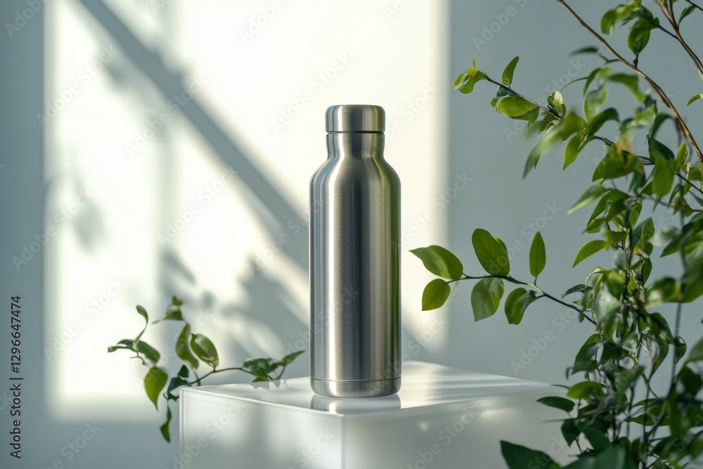 Minimalist still life of a silver thermos and plant shadow on a wall Minimalist still life of a silver thermos and plant shadow on a wall