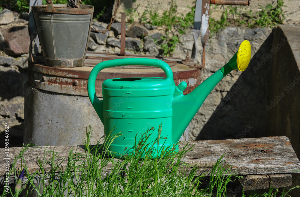 watering can on a wooden bench near a well in the garden. concept of gardening and plant care watering can on a wooden bench near a well in the garden. concept of gardening and plant care