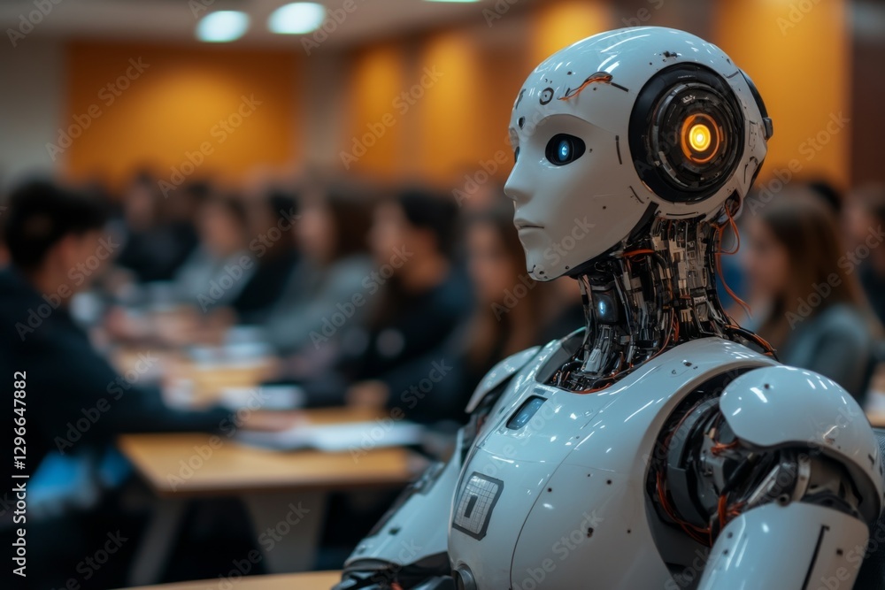 Humanoid robot with realistic facial expressions in a futuristic setting Humanoid robot with realistic facial expressions in a futuristic setting