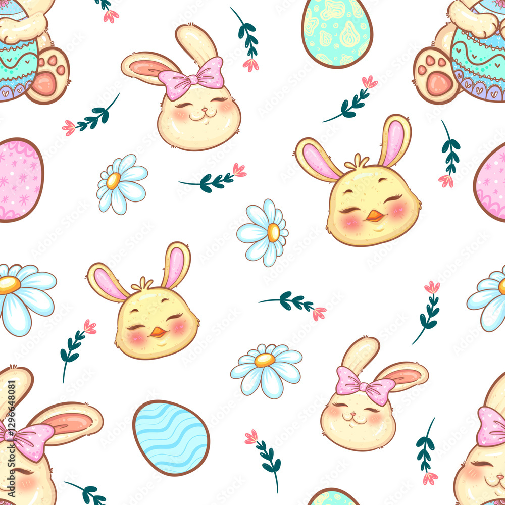 Seamless Easter Pattern with Cute Bunny, Chick, Eggs, and Flowers Seamless Easter Pattern with Cute Bunny, Chick, Eggs, and Flowers