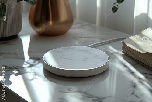 Minimalist white dishware set arranged on a marble countertop photo