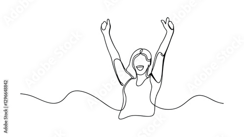 Joyful Woman Celebrates Success One Line Drawing Minimalist Art