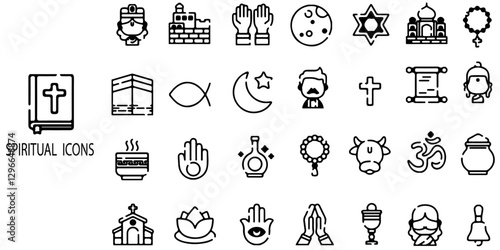 Spiritual simple concept 28 icons set. Contain such Prayer Room, Temples, Divine Book and more .Vector illustration.