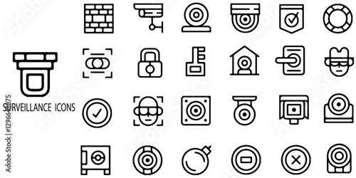 Surveillance simple concept 24 icons set. Contain such  alarm, surveillance, lock, CCTV, thief, key, intrusion detection and more .Vector illustration.