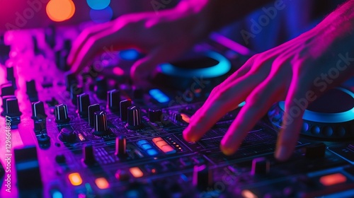 DJ mixing music at nightclub, colorful lights
