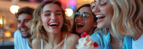 Joyful friends enjoying dessert while sharing laughter in a vibrant atmosphere. photo