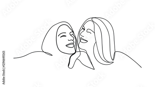 Continuous Line Drawing Two Happy Women Sharing a Secret