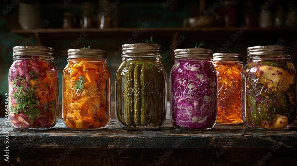 Beautiful array of jars filled with various pickled vegetables showcasing freshness and flavor Beautiful array of jars filled with various pickled vegetables showcasing freshness and flavor
