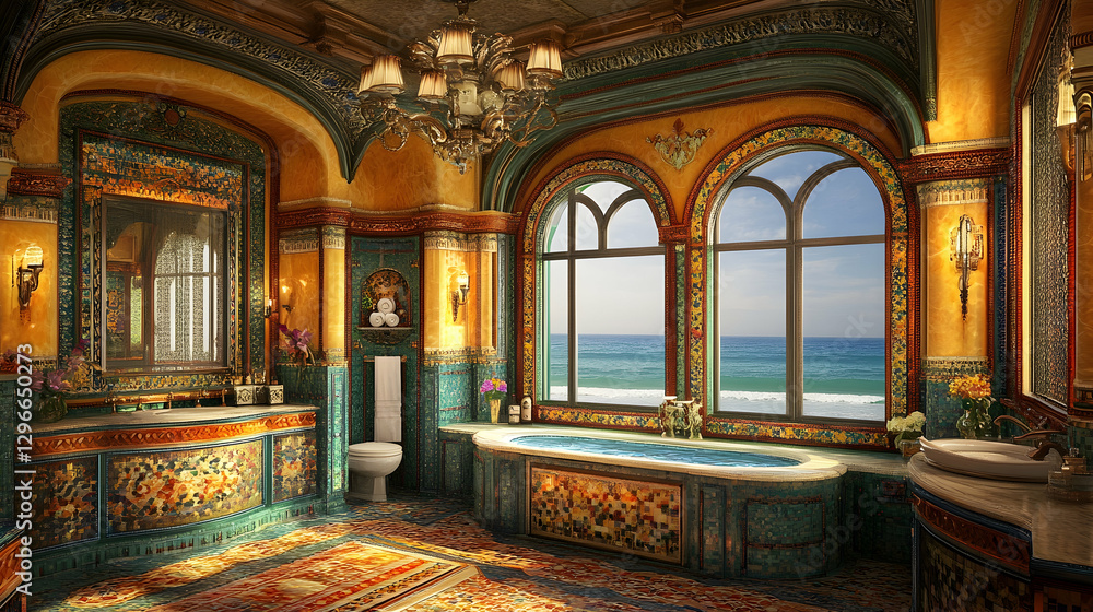 Fototapeta premium Elegant ornate bathroom with stunning ocean view and intricate decor