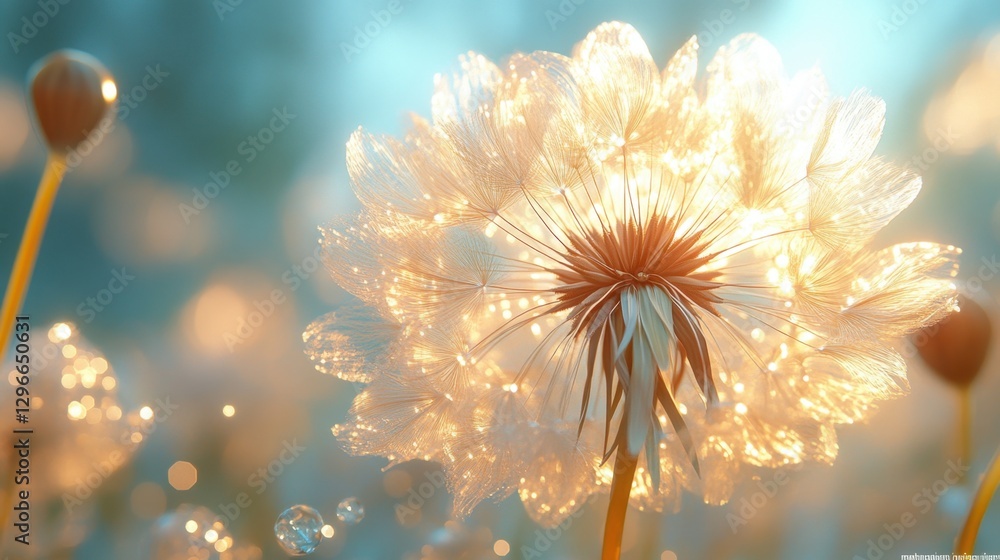 Fototapeta premium A macro shot of a dandelion seed head, delicate fibers catching the sunlight, ultra-realistic