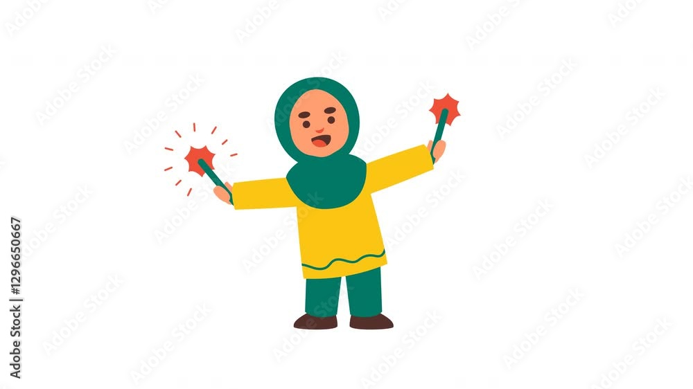 Excited muslim girl with hijab holding sparklers celebrating eid Excited muslim girl with hijab holding sparklers celebrating eid