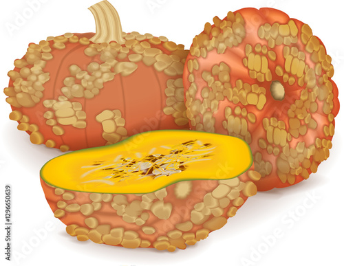 Whole and chopped Galeux de Eysines Squash or French Warted Pumpkin. Cucurbita maxima. Fruits and vegetables. Isolated vector illustration.