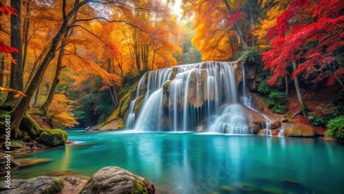 A tranquil Erawan waterfall surrounded by vibrant autumn foliage in Kanchanaburi Province Thailand, kanchanaburi, erawan waterfall