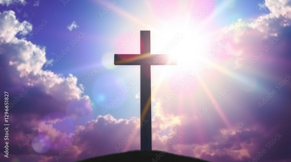 Wooden Cross Against a Fiery Sunset Sky Wooden Cross Against a Fiery Sunset Sky