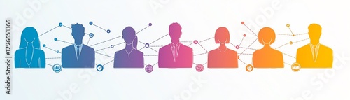 Illustration of colorful figures in hierarchical structure, representing business departments, teams connected by lines, management flow, organizational design, company structure