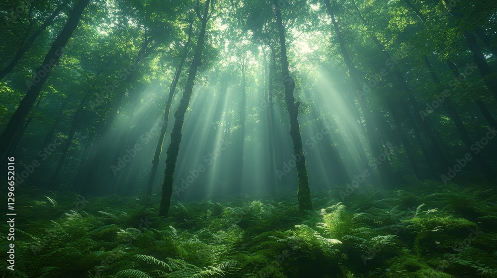 A misty forest with ferns and moss-covered trees, atmospheric and soft light filtering through A misty forest with ferns and moss-covered trees, atmospheric and soft light filtering through