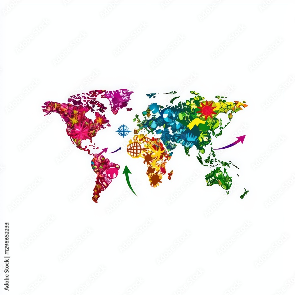 Fototapeta premium Colorful World Map Illustration Depicting Geographic Landmasses and Cultural Diversity
