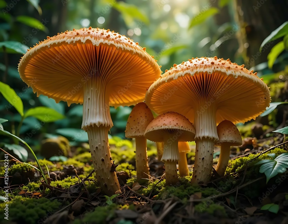 Group of Mushrooms Growing in Forest with Sunlight and Greenery Group of Mushrooms Growing in Forest with Sunlight and Greenery