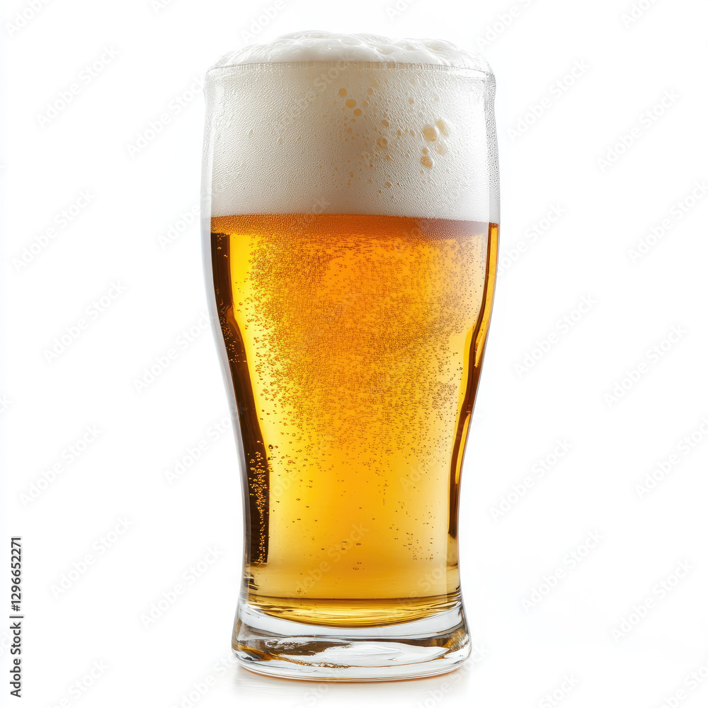 Chilled light beer in glass with foam head Chilled light beer in glass with foam head