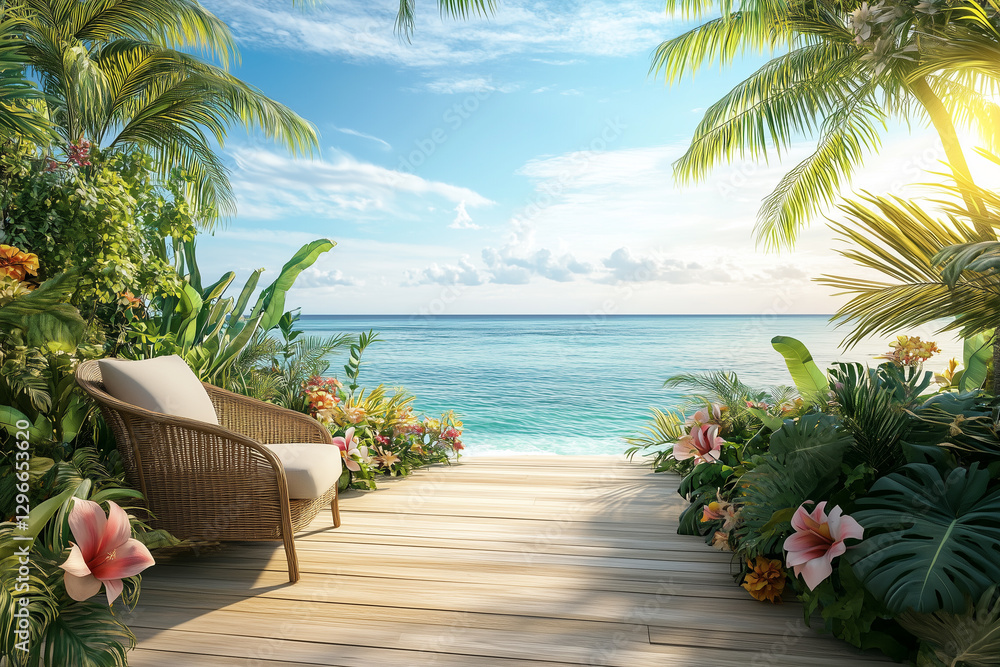 Fototapeta premium A stunning view of the ocean from an outdoor deck with lush tropical plants and palm trees, featuring a comfortable armchair overlooking the serene blue waters under clear skies