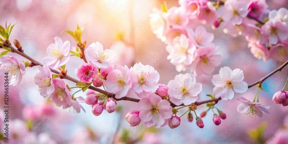 Naklejka premium Delicate pink cherry blossoms adorn a beautiful spring bouquet of cherry tree branches in soft natural light, showcasing their intricate details and beauty , blossom branch, natural light