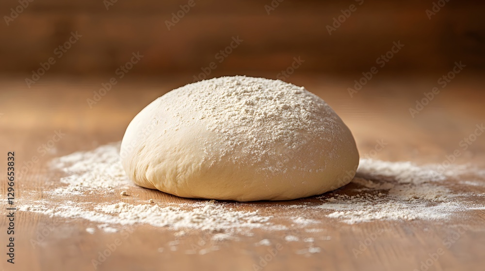 A mound of fresh dough sprinkled with white flour sits ready A mound of fresh dough sprinkled with white flour sits ready