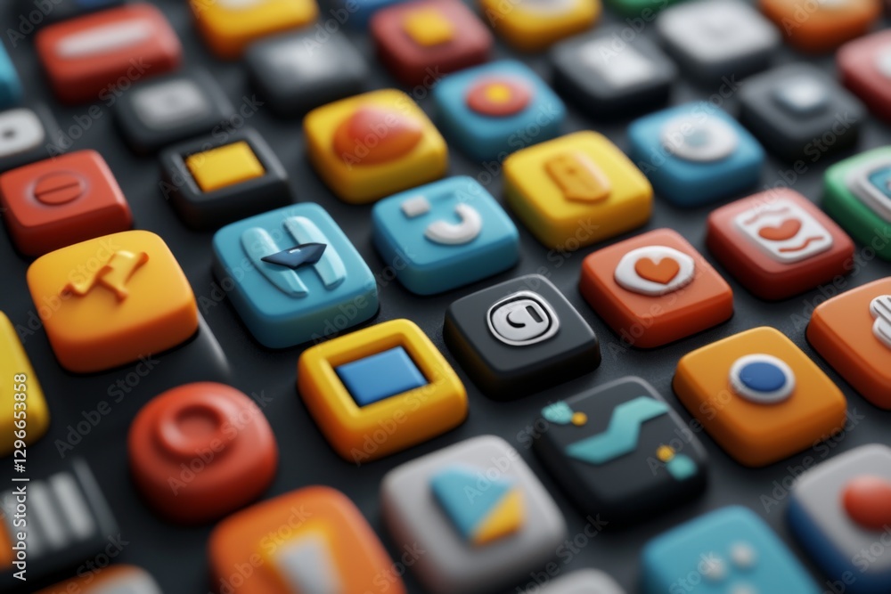 Close-up of a colorful illuminated keyboard with digital social media icons Close-up of a colorful illuminated keyboard with digital social media icons