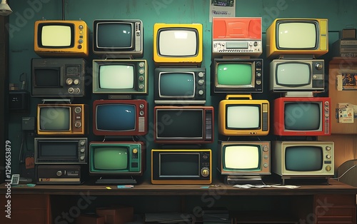 Vintage retro TV sets stacked on a wooden shelf photo