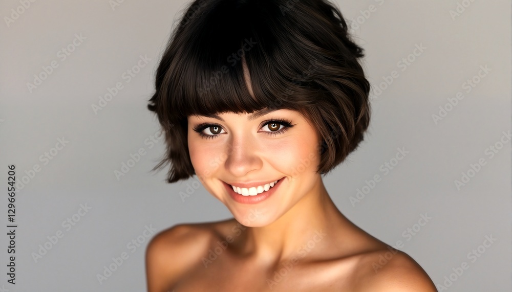 Smiling Half Face of a Woman with Short Hair and Bangs. Smiling Half Face of a Woman with Short Hair and Bangs.