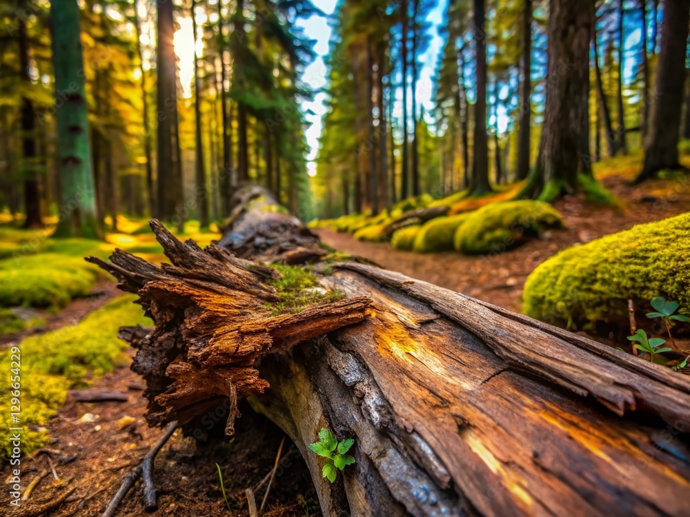 Fototapeta premium Minimalist Forest Scene: Decaying Spruce Tree Trunk on Forest Floor