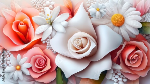 A bouquet of roses, lilies, and daisies, with intricate details on each petal and leaf.