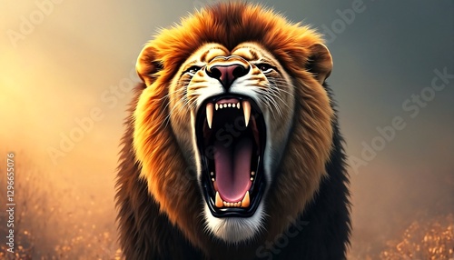 A digital illustration of a lion roaring with its mouth wide open. photo