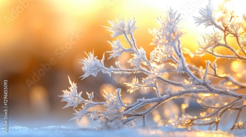 A close-up of frost-covered branches glistening under the morning sun, showcasing intricate ice crystals.