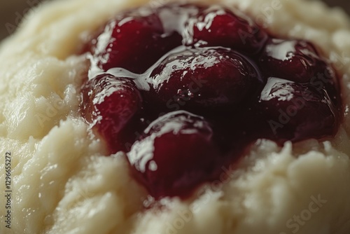 Close-up of a bowl of rice pudding topped with cherry sauce photo