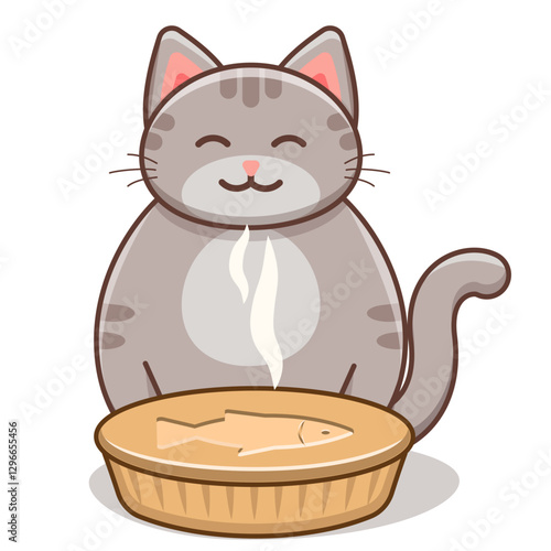 Cute smiling plump gray cat with fish pie. Vector illustration.