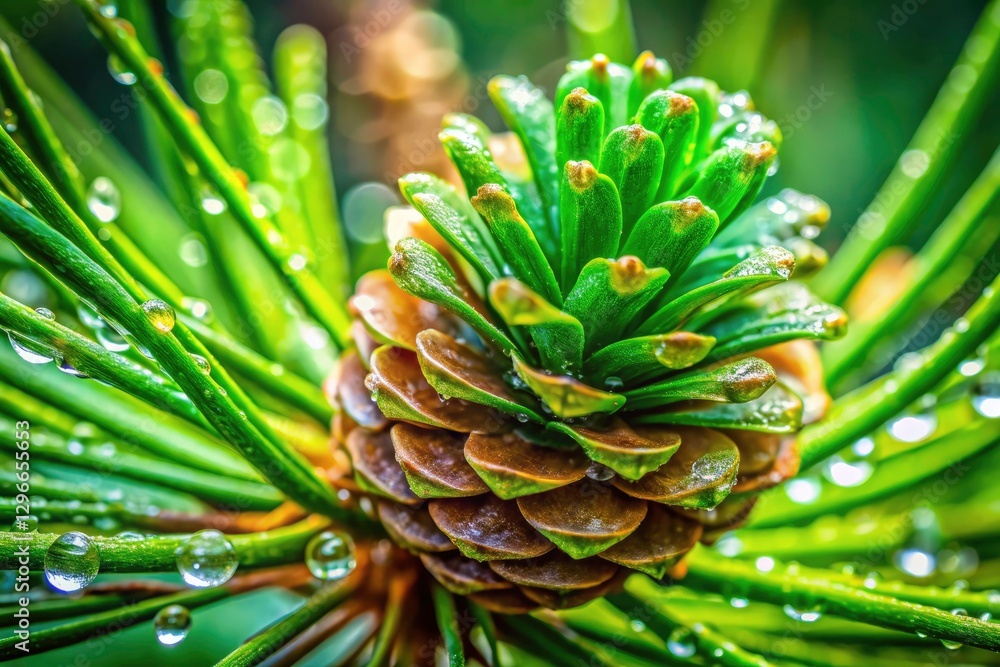 Fresh Pine Cone Rain Waterdrops Macro Photography - Nature Closeup Image Fresh Pine Cone Rain Waterdrops Macro Photography - Nature Closeup Image