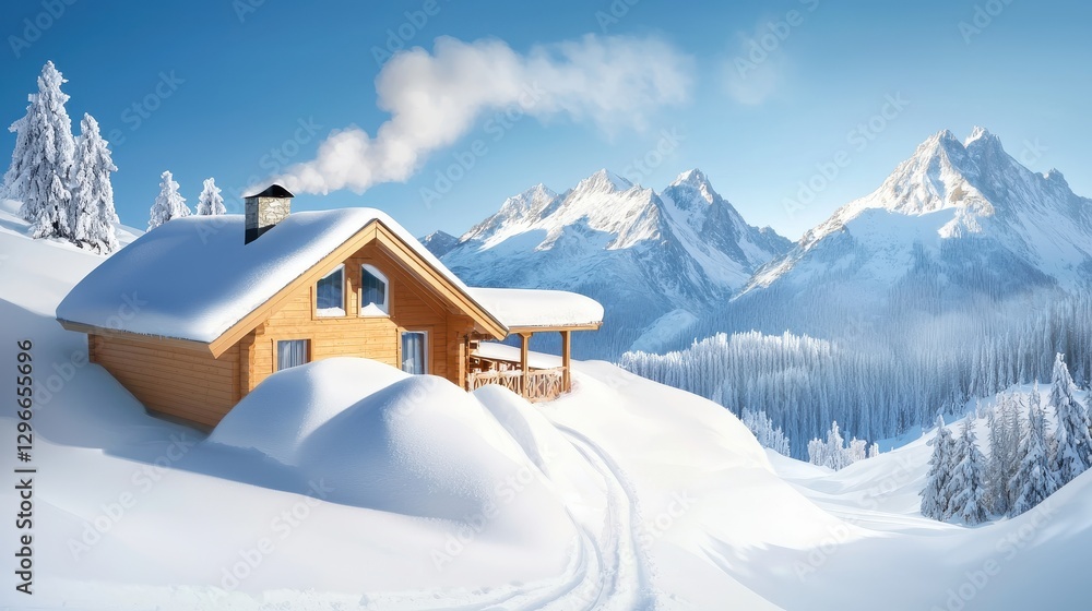 Naklejka premium A mountain cabin with snow piled up on its roof, chimney smoke rising into the crisp winter air.