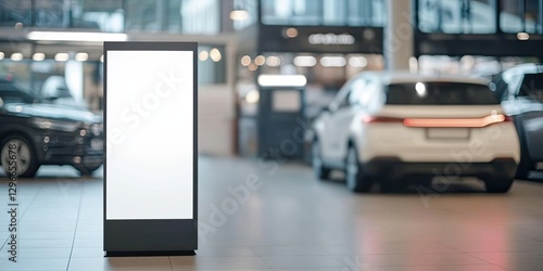 A blank advertising stand in a modern car dealership showroom with luxury vehicles in the background, creating a sleek and professional atmosphere.