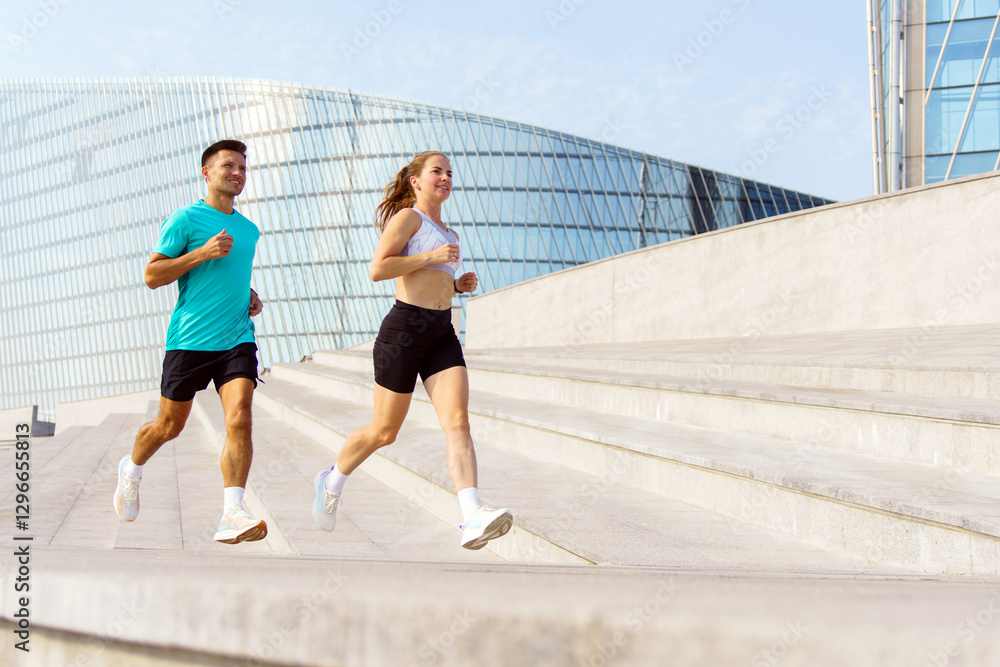 Fototapeta premium Couple jogging together on an urban staircase near modern architecture in bright daylight